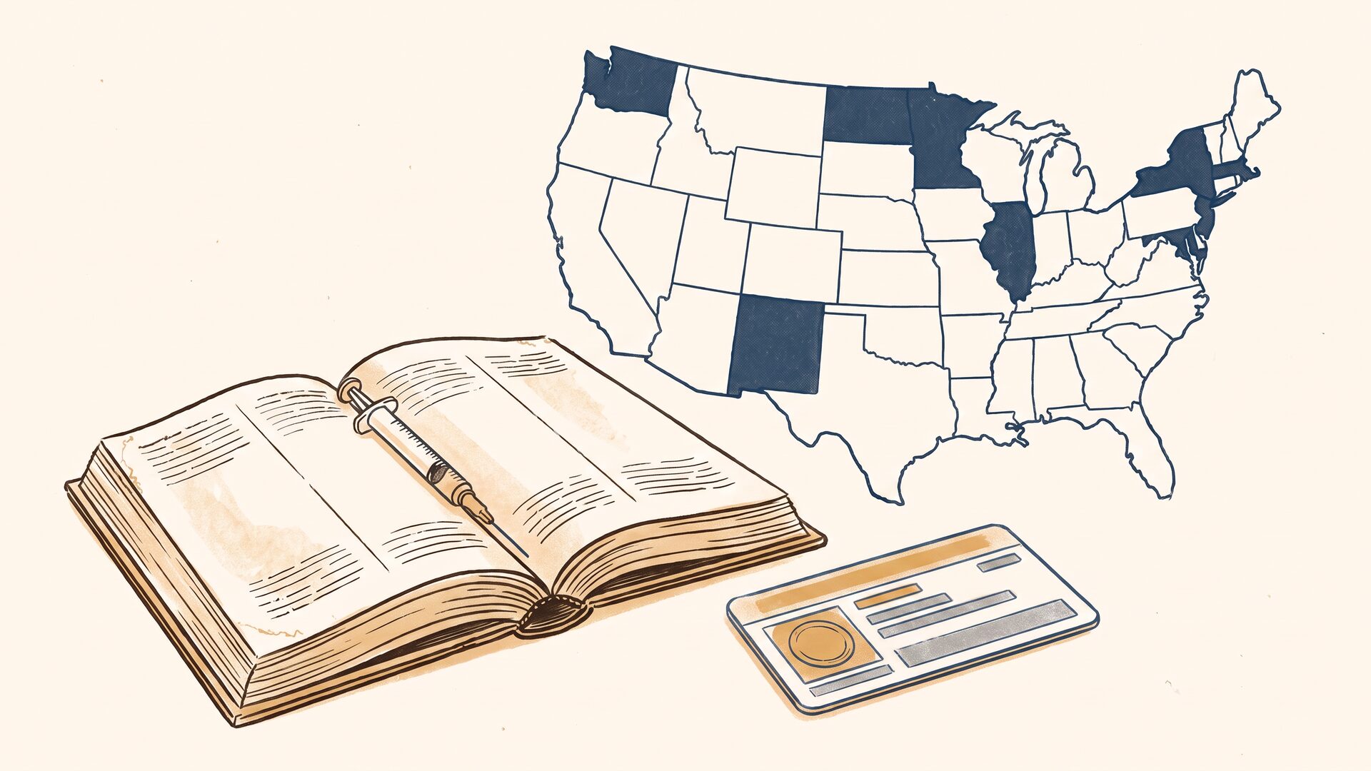 An open state statute book with a small medical syringe resting across its pages. Beside it, a generic state medical license card marked with an official seal. Behind, a hand-drawn outline of the United States with several states tinted deep blue to indicate variation in scope-of-practice law.